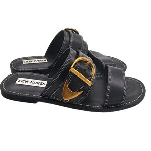 Steve Madden Sivan Double-Strap Slide Sandals – Black Leather – Size 6 –